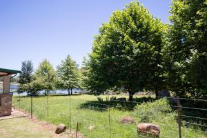 a fence in a field with trees and rocks at Downstream in Dullstroom