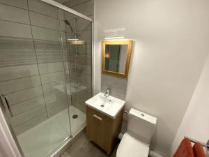 een badkamer met een douche, een toilet en een wastafel bij Villa Raphaëlle #3 Centre ville avec parking in Le Havre +58 foto's