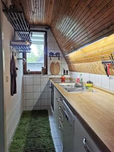 uma cozinha com um lavatório e um tecto de madeira em Finnhütte Wolfsburg em Wolfsburg-Unkeroda
