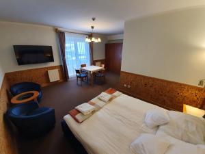 een hotelkamer met een bed, een tafel en stoelen bij Pokoje Gościnne Muszyna przy sądzie in Muszyna +28 foto's