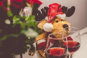 Um ursinho de peluche a usar um chapéu de Pai Natal ao lado de um copo de vinho. em Pokoje Mariola em Sztutowo