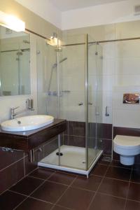 La salle de bains est pourvue d'un lavabo, d'une douche et de toilettes. dans l'établissement Apartment Milevoj - RAC144 by Interhome, à Rabac