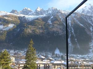 Elle offre une vue sur une chaîne de montagnes enneigée depuis sa fenêtre. dans l'établissement Apartment Le Majestic by Interhome, à Chamonix-Mont-Blanc