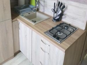 Kuchyň nebo kuchyňský kout v ubytování 2 osobowe kawalerki w domkach FreezerHause Kozery- NoclegiGrodziskPL 792-535-535