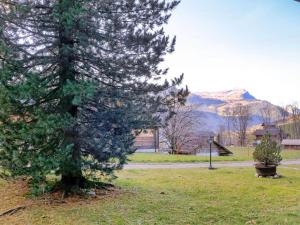 a pine tree in a field with a mountain in the background at Apartment Chalet Chiebrendli by Interhome in Grindelwald