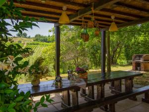 een tafel op een patio met uitzicht op een wijngaard bij Holiday Home Casa dei Ciliegi by Interhome in Querce