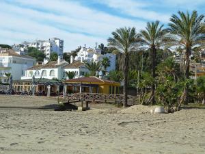 ラ・カラ・デ・ミハスにあるApartment Las Acacias-1 by Interhomeのヤシの木や建物が並ぶ浜辺の建物