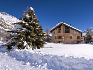 un árbol de Navidad cubierto de nieve frente a un edificio en Apartment Chesa Prasüra 10 by Interhome, en Sils-Maria