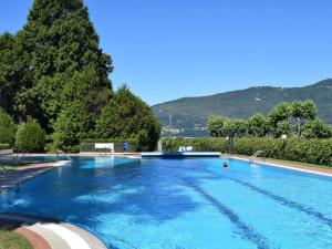 una grande piscina blu con alberi e montagne sullo sfondo di Studio Hermitage-4 by Interhome a Porto Valtravaglia