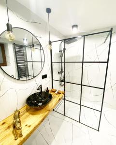 a bathroom with a sink and a mirror at Dom Malowy Sad in Zalesie