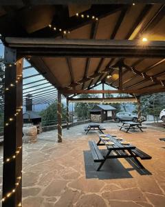 un grupo de mesas de picnic bajo un pabellón con luces en Albergue de Liri, en Lirí