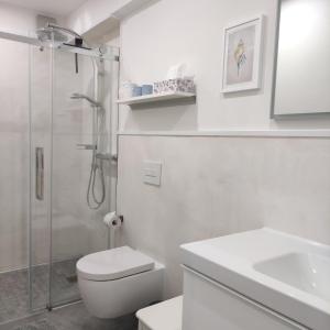 uma casa de banho branca com um chuveiro, um WC e um lavatório. em Appartement Mond em Senftenberg
