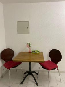 Private Studio Apartment in Bremgarten في بريمغارتين: طاولة خشبية عليها كرسيين و مزهرية