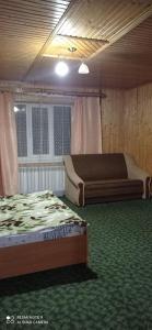 two beds in a room with green carpet at Садиба Лісовичок in Yaremche