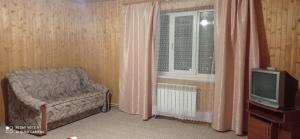a living room with a chair and a television at Садиба Лісовичок in Yaremche +13 photos