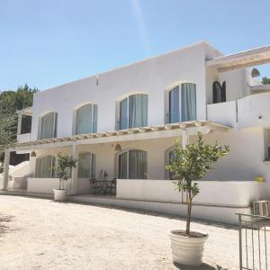 a white building with two potted trees in front of it at Viestemare Resort & SPA in Vieste