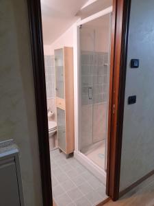 La salle de bains est pourvue d'une douche et d'une porte en verre. dans l'établissement Casa Sigiu - La Vetta, à Terminillo