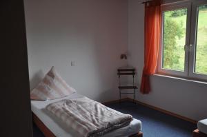 Schlafzimmer mit einem Bett mit einem Kissen und einem Fenster in der Unterkunft Fliederhof Ferienwohnungen in Herresbach