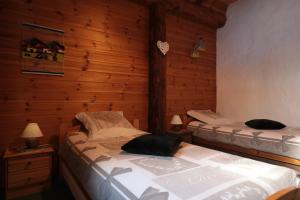 two beds in a room with wooden walls at Chez Michel in Sainte-Foy-Tarentaise
