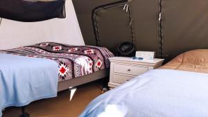 a bedroom with two beds and a dresser with a nightstand at FunStays Glamping Setup Tent in RV Park #4 OK-T4 in Moab