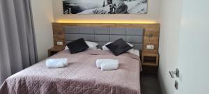 una camera da letto con un letto con una coperta viola e cuscini di Apartament Czarna Góra 419 a Sienna