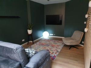 ein Wohnzimmer mit einem Sofa, einem Stuhl und einem TV in der Unterkunft Mister Gus in Ornans