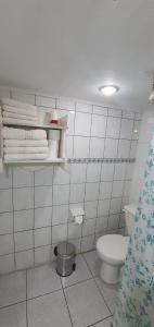 baño con aseo y toallas en una pared de azulejos en Cabaña Puerto Montt, en Puerto Montt