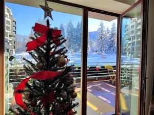 a christmas tree in front of a window at The Evergreen Nest - Silver Mountain in Poiana Brasov