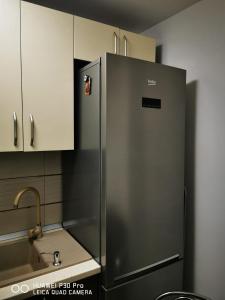 een roestvrijstalen koelkast in een keuken bij Închiriez garsoniera in Regim Hotelier Berceni-Sun Plaza in Boekarest