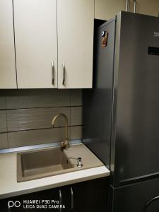 een keuken met een spoelbak en een roestvrijstalen koelkast bij Închiriez garsoniera in Regim Hotelier Berceni-Sun Plaza in Boekarest