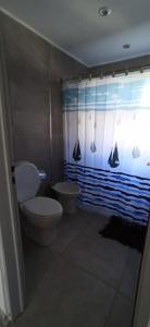 Un baño con inodoro y cortina de ducha en Epic Playa unión, en Puerto Rawson