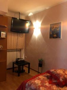 a room with a bed and a television on the wall at Charming Quiet Studio Coltea Old Town in the centre of Bucharest in Bucharest