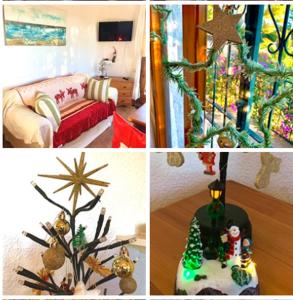 eine Collage mit Bildern eines Wohnzimmers mit Weihnachtsdekoration in der Unterkunft Casa Diana: Vista al mar y 3min a la playa y 30min a PortAventura in Torredembarra