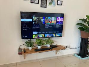 uma televisão de ecrã plano pendurada numa parede com plantas em 2sty Villa - Walking Distance To The Beach em Pangkor