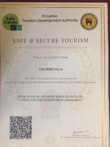 een certificaat voor een dienst voor toeristische ontwikkeling in Seattle bij Colombo Villa in Colombo