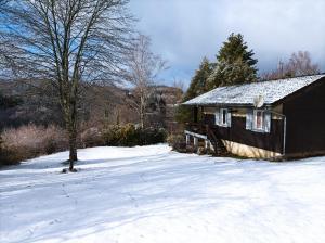 a small house in the snow with a tree at chalet deux chambres au calme in Saint-Brisson