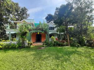 Savaz 7Bhk Villa Alibaug في آليباغ: منزل أخضر مع نخلة في الفناء