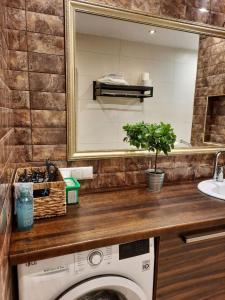 a bathroom with a washing machine and a mirror at Sand Beach Apartment in Narva-Jõesuu