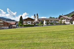 un campo de hierba con una ciudad en el fondo en Landhaus Tirol, en Hopfgarten im Brixental