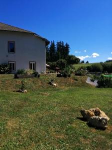 a yard with a house and a rock in the grass at Pont de la Chaux 2 in Chaux-des-Crotenay