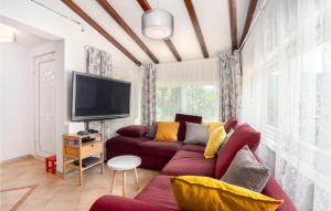 a living room with a red couch and a flat screen tv at Amazing Home In Zvecanjegata in Zvečanje
