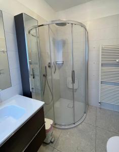 y baño con ducha y lavamanos. en Naif-Home en Merano