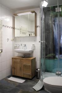 y baño con aseo y ducha. en Haus & Heim Ferienwohnung, en Oberstdorf
