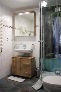 een badkamer met een wastafel, een toilet en een douche bij Haus & Heim Ferienwohnung in Oberstdorf +69 foto's