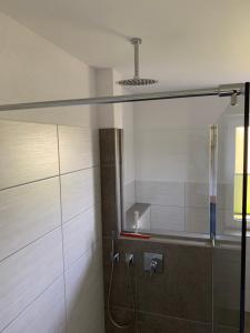La salle de bains est pourvue d'une douche avec une porte en verre. dans l'établissement Exklusive Wohnung mit Brettachblick, à Rot am See