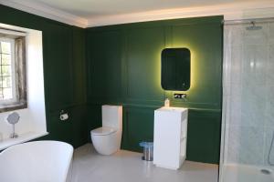 a green bathroom with a toilet and a shower at Sortridge Manor - Leat House in Tavistock