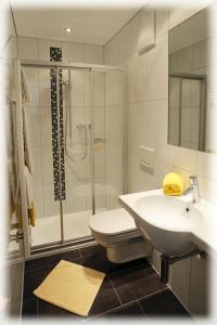 y baño con aseo, lavabo y ducha. en Haus Schönlechner, en Gaschurn