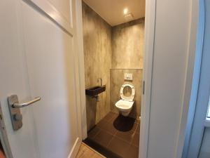 a small bathroom with a toilet in a stall at Camping Alkenhaer Appelscha Bungalow in Appelscha
