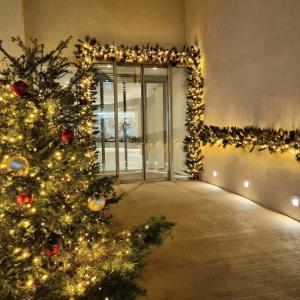 Green Suites Boutique Hotel في أثينا: شجرة عيد الميلاد أمام الباب مع الأضواء