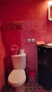 a bathroom with a white toilet and a red wall at Samad apartments in Essaouira +20 photos